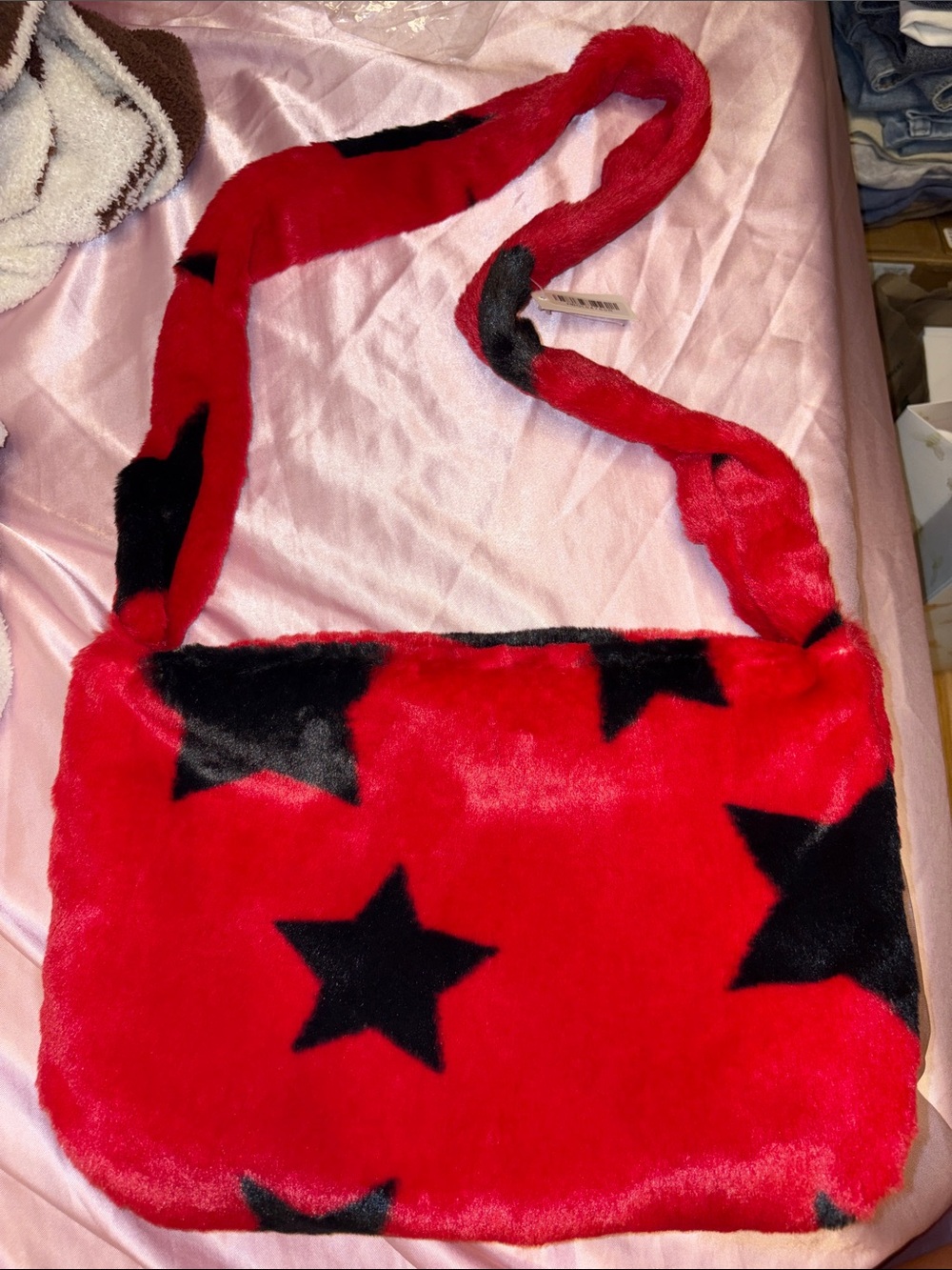 Red Faux-Fur Crossbody Bag with Black Stars
